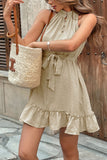 Kahki A Line High Neck Ruffled Short Summer Dress with Sash