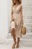Khaki V-Neck A Line Long Summer Dress