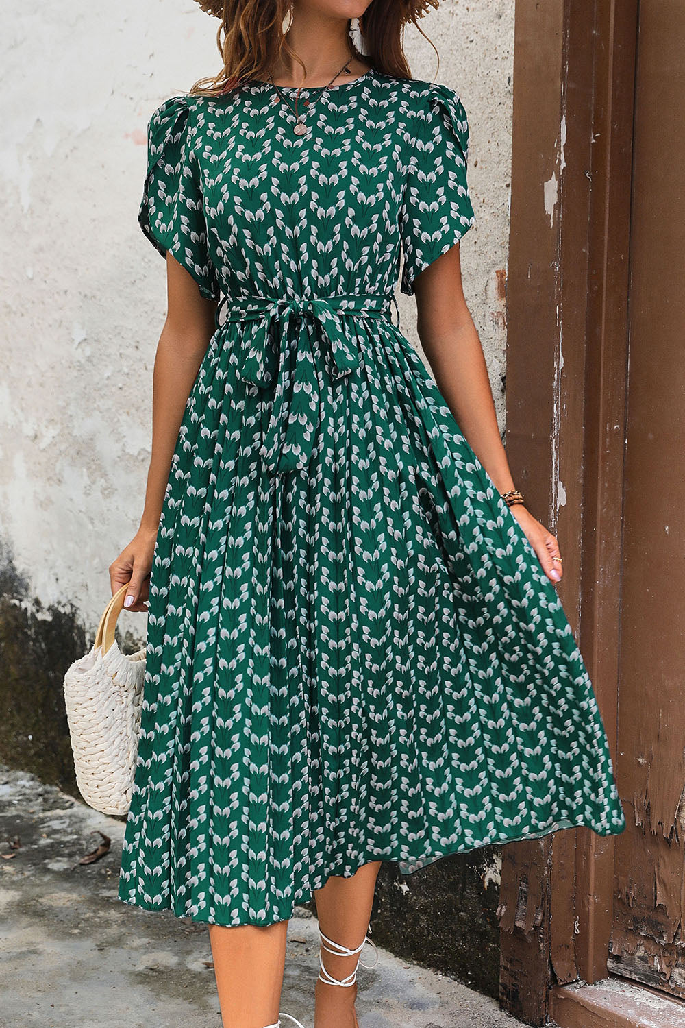 Dark Green Printed A Line Long Summer Dress with Short Sleeves
