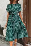 Dark Green Printed A Line Long Summer Dress with Short Sleeves