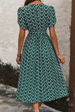 Dark Green Printed A Line Long Summer Dress with Short Sleeves