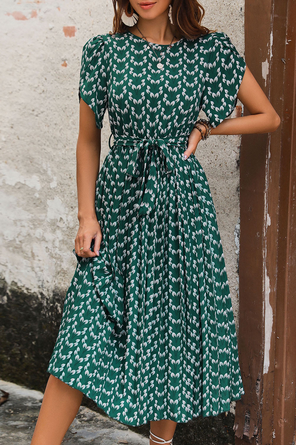 Dark Green Printed A Line Long Summer Dress with Short Sleeves