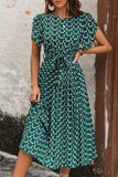 Dark Green Printed A Line Long Summer Dress with Short Sleeves