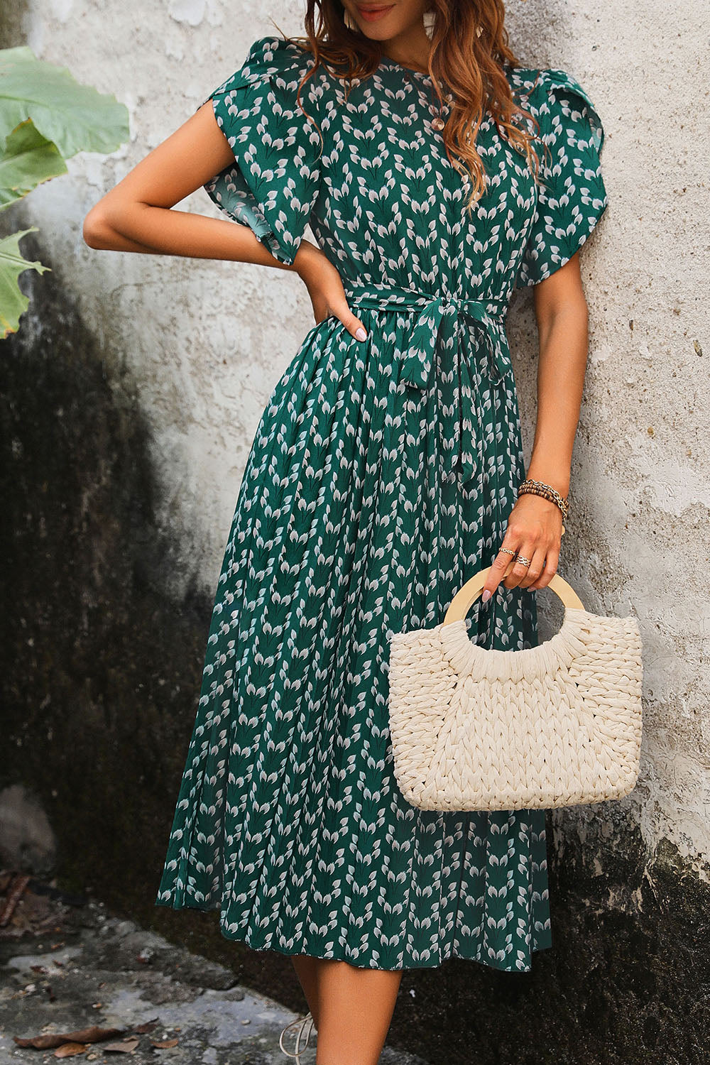 Dark Green Printed A Line Long Summer Dress with Short Sleeves