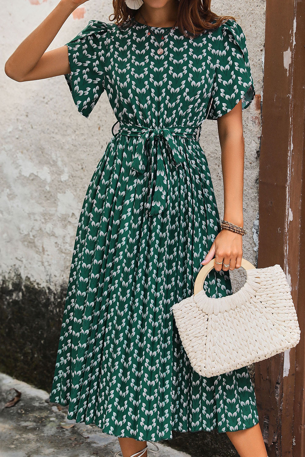 Dark Green Printed A Line Long Summer Dress with Short Sleeves