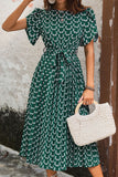 Dark Green Printed A Line Long Summer Dress with Short Sleeves