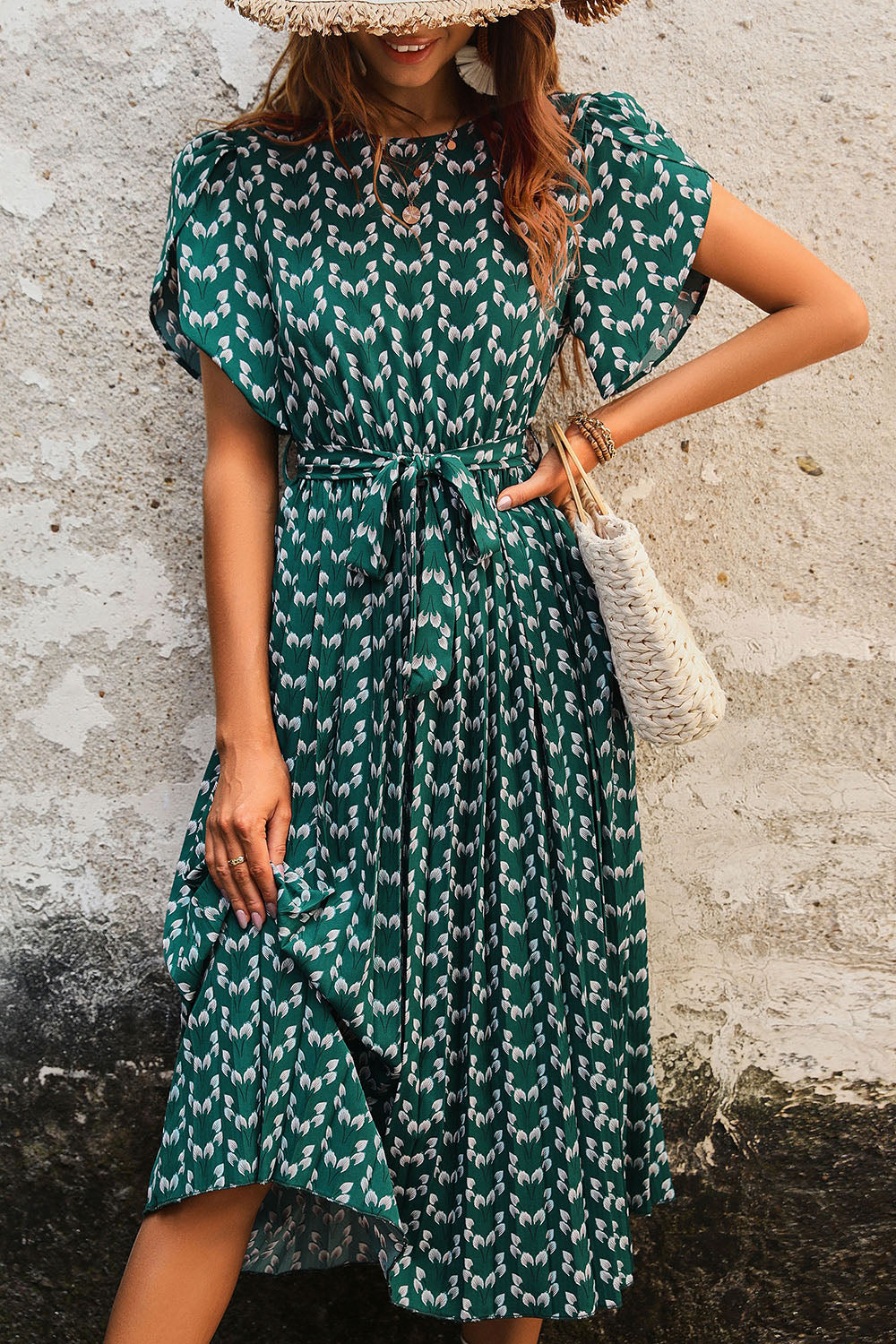 Dark Green Printed A Line Long Summer Dress with Short Sleeves