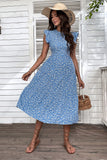 Blue Floral Printed A Line Long Summer Dress with Ruffle Sleeves