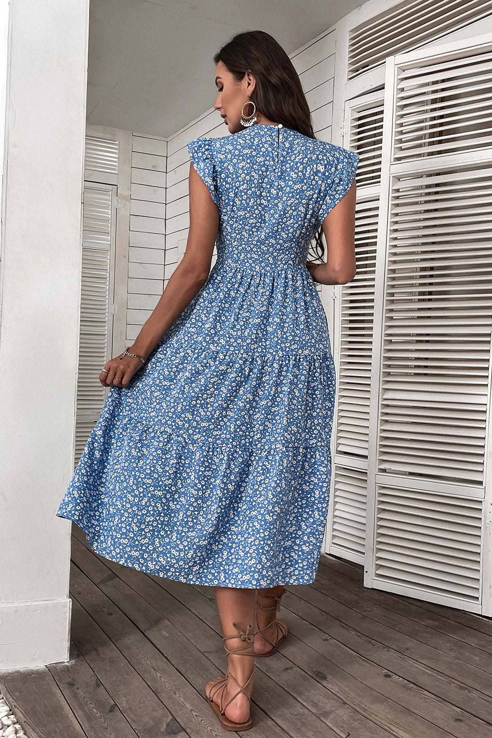 Blue Floral Printed A Line Long Summer Dress with Ruffle Sleeves