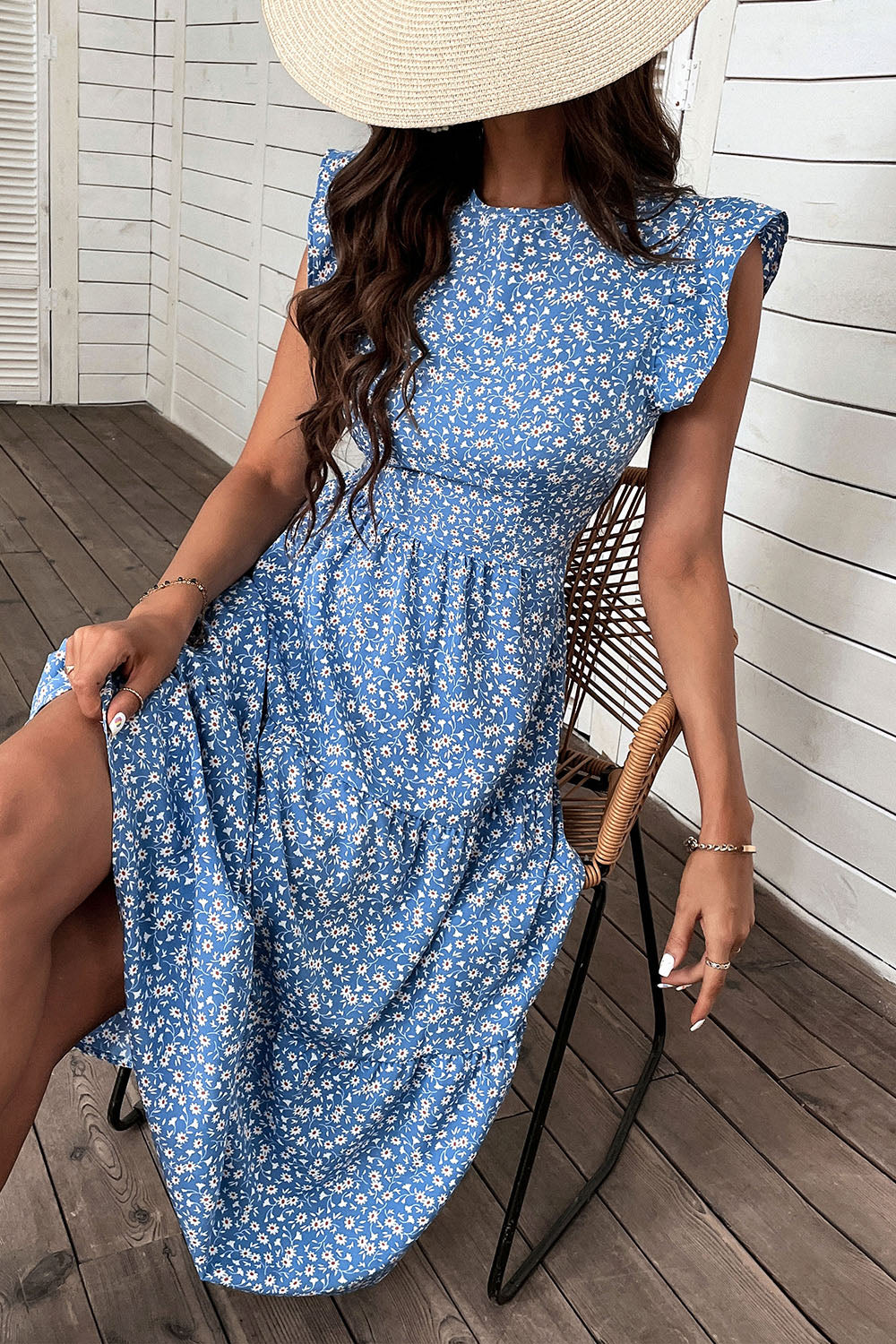 Blue Floral Printed A Line Long Summer Dress with Ruffle Sleeves