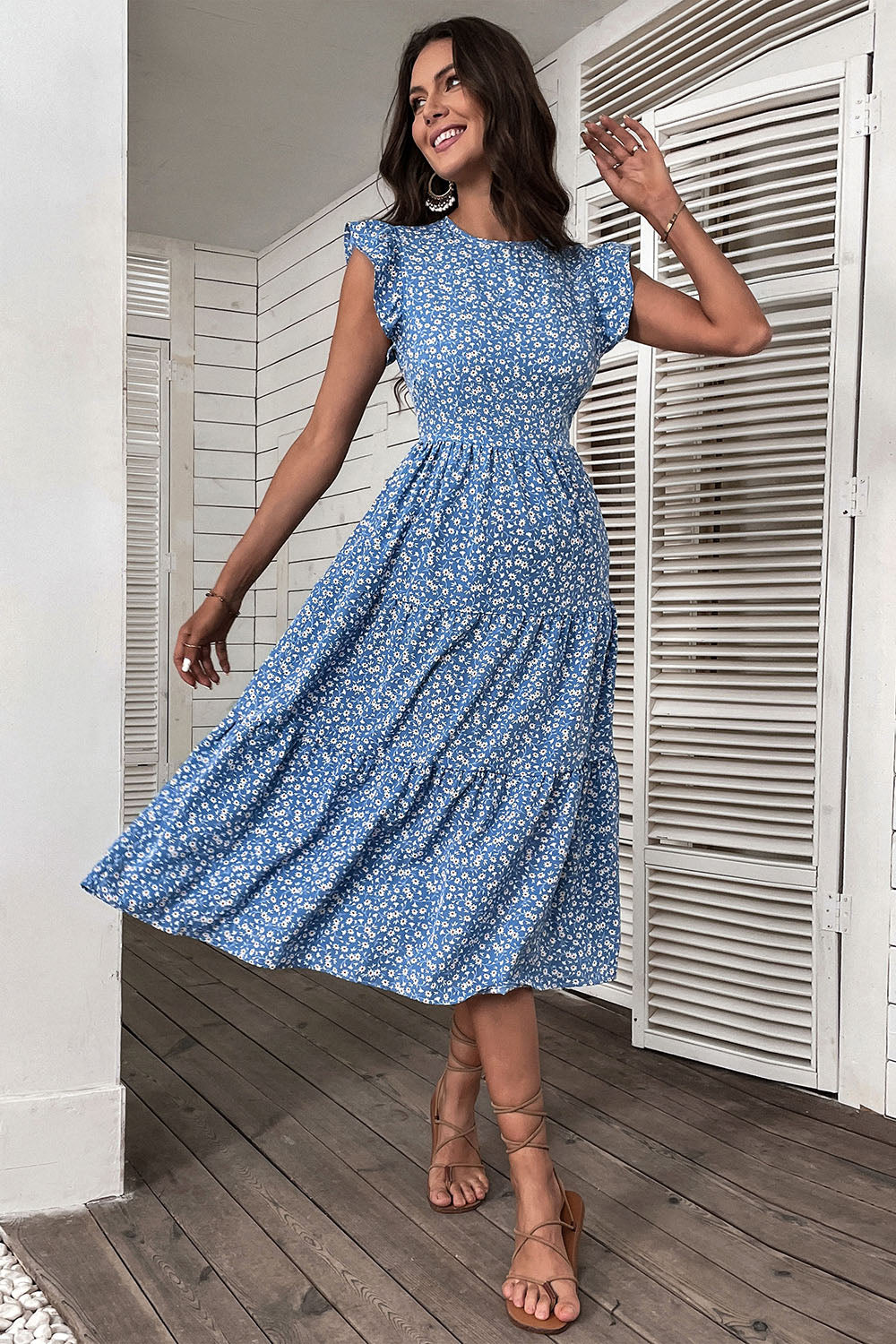 Blue Floral Printed A Line Long Summer Dress with Ruffle Sleeves