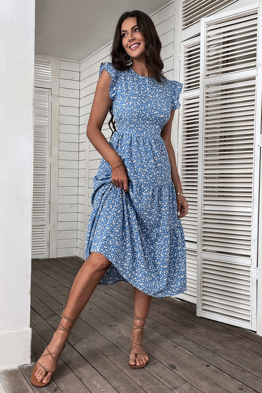 Blue Floral Printed A Line Long Summer Dress with Ruffle Sleeves