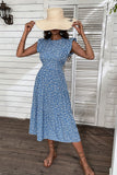 Blue Floral Printed A Line Long Summer Dress with Ruffle Sleeves