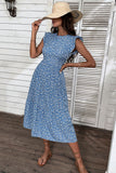 Blue Floral Printed A Line Long Summer Dress with Ruffle Sleeves