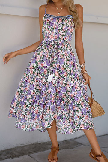 Purple Floral Printed A Line Spaghetti Straps Summer Dress