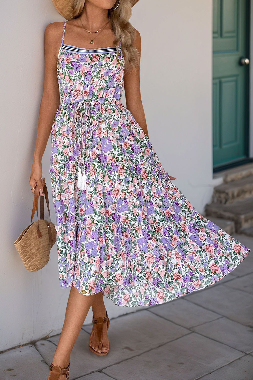 Purple Floral Printed A Line Spaghetti Straps Summer Dress