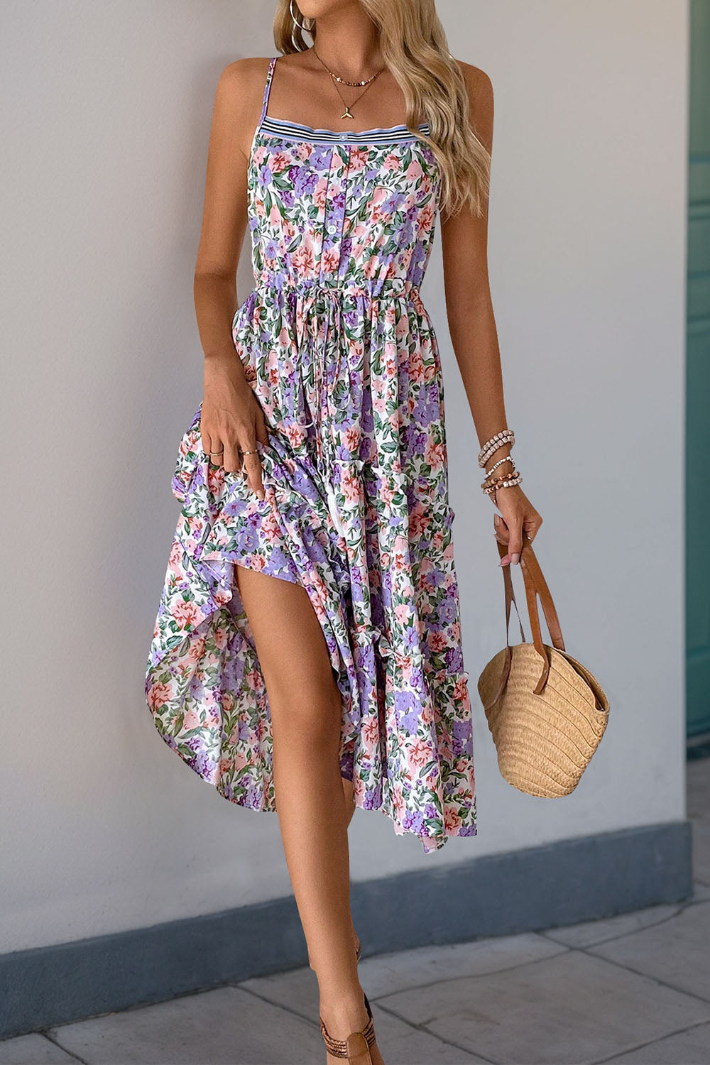Purple Floral Printed A Line Spaghetti Straps Summer Dress
