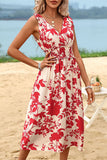 Red Floral Printed Sleeveless A Line V Neck Summer Dress