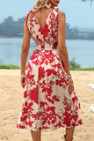 Red Floral Printed Sleeveless A Line V Neck Summer Dress