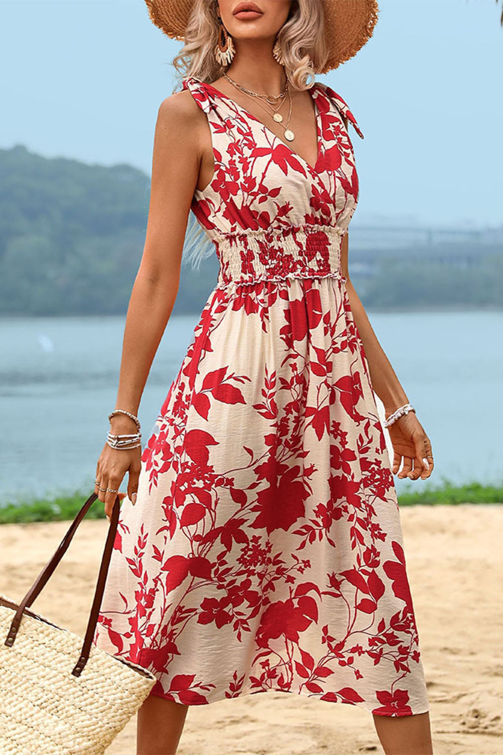 Red Floral Printed Sleeveless A Line V Neck Summer Dress