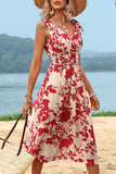 Red Floral Printed Sleeveless A Line V Neck Summer Dress