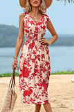 Red Floral Printed Sleeveless A Line V Neck Summer Dress