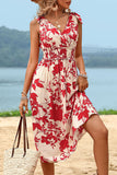 Red Floral Printed Sleeveless A Line V Neck Summer Dress