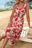 Red Floral Printed Sleeveless A Line V Neck Summer Dress