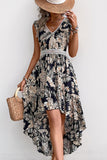 Black Printed A Line Ruffled High-Low Summer Dress
