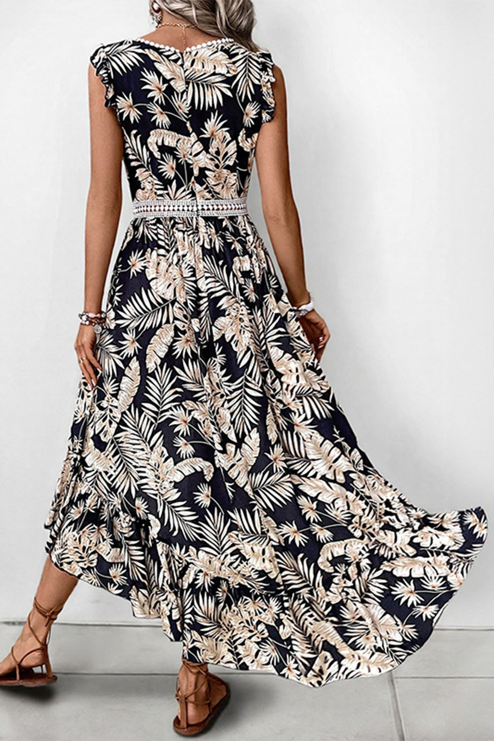 Black Printed A Line Ruffled High-Low Summer Dress