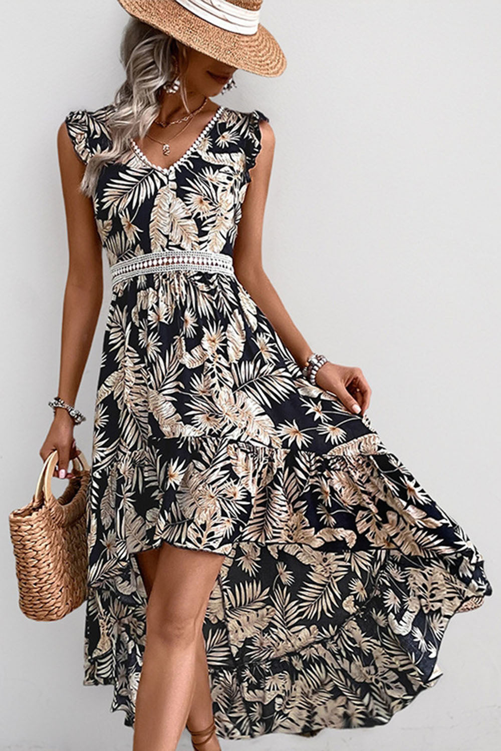 Black Printed A Line Ruffled High-Low Summer Dress