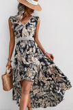 Black Printed A Line Ruffled High-Low Summer Dress