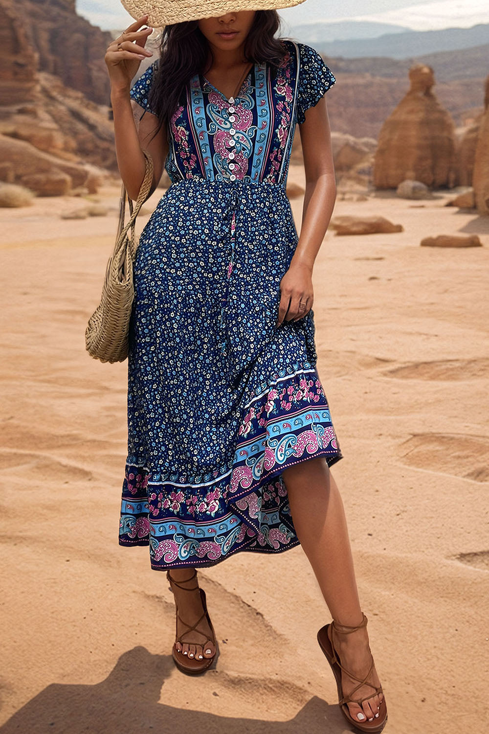 Light Green Printed V Neck A Line Long Summer Dress with Short Sleeves