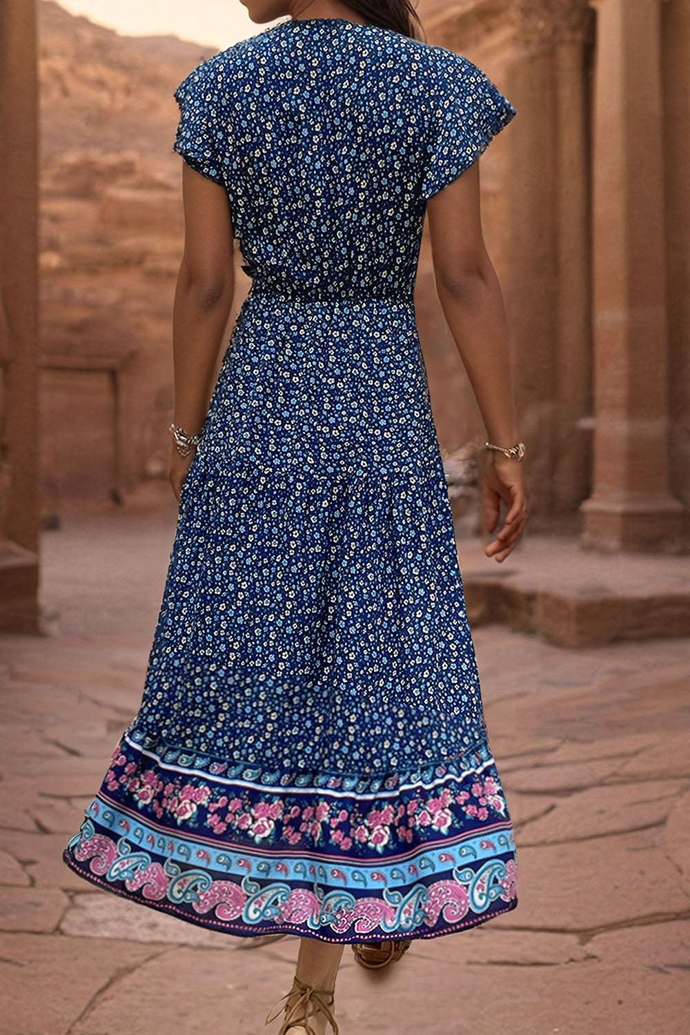 Light Green Printed V Neck A Line Long Summer Dress with Short Sleeves