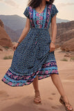 Light Green Printed V Neck A Line Long Summer Dress with Short Sleeves