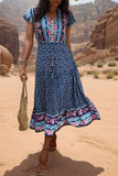 Light Green Printed V Neck A Line Long Summer Dress with Short Sleeves
