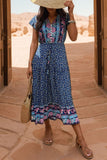 Light Green Printed V Neck A Line Long Summer Dress with Short Sleeves