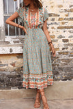 Light Green Printed V Neck A Line Long Summer Dress with Short Sleeves