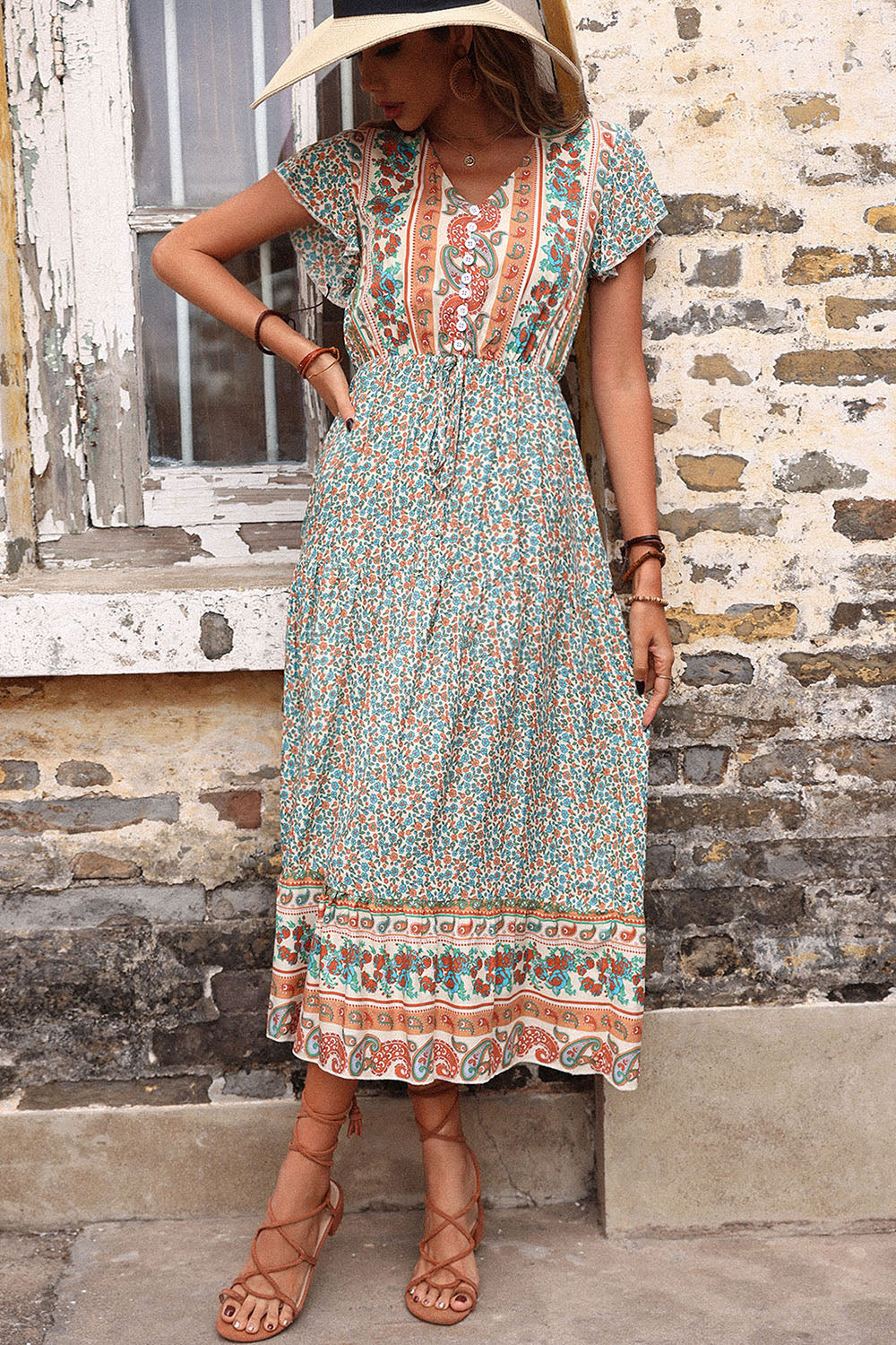 Light Green Printed V Neck A Line Long Summer Dress with Short Sleeves