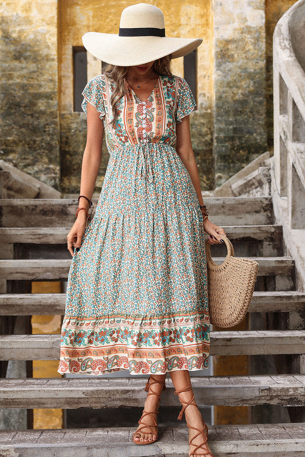 Light Green Printed V Neck A Line Long Summer Dress with Short Sleeves