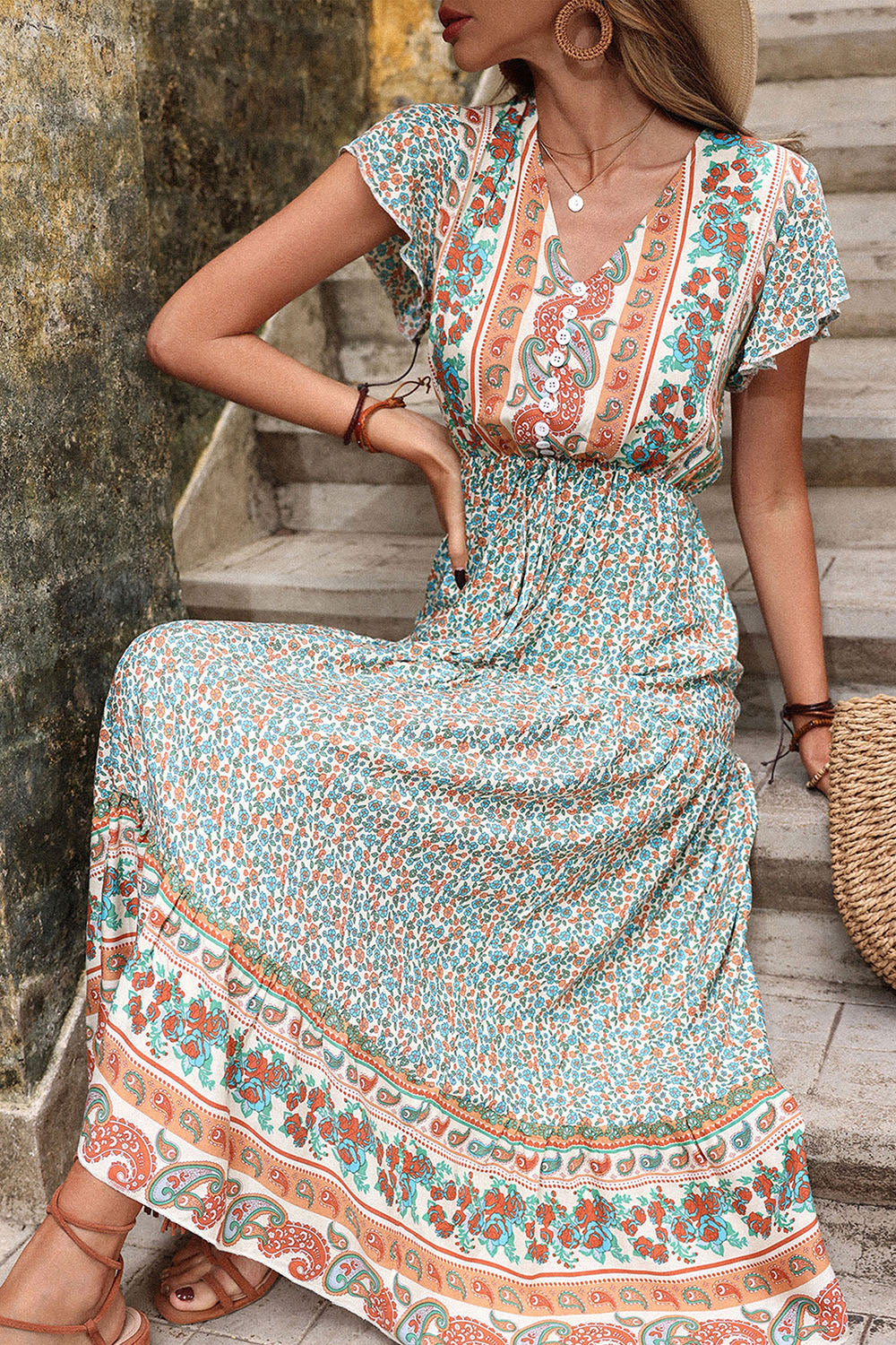 Light Green Printed V Neck A Line Long Summer Dress with Short Sleeves