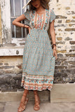 Light Green Printed V Neck A Line Long Summer Dress with Short Sleeves