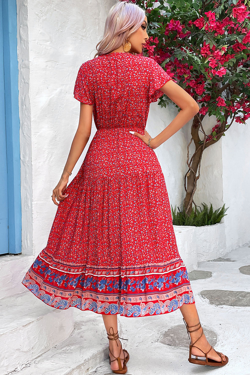 Light Green Printed V Neck A Line Long Summer Dress with Short Sleeves