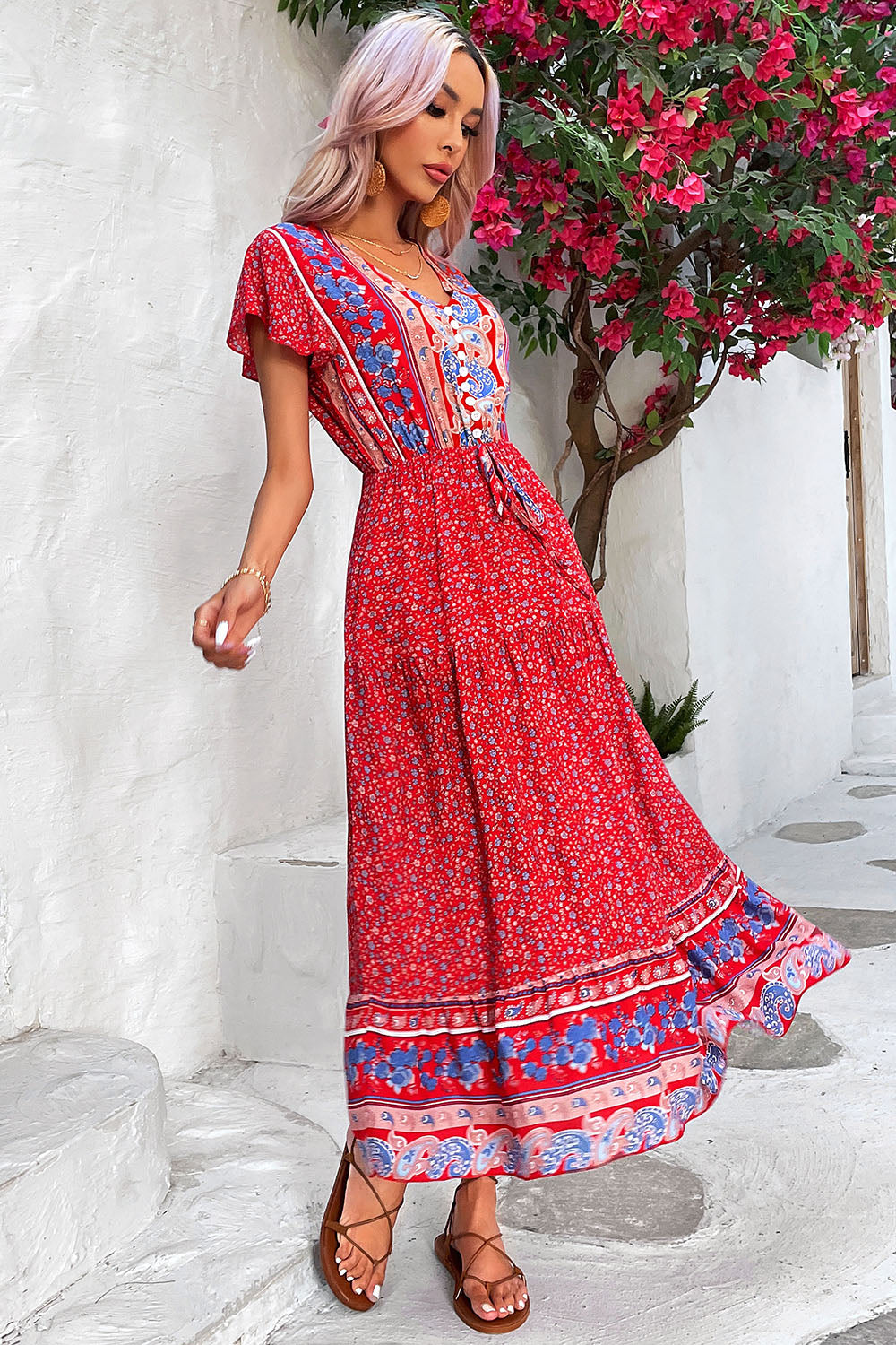 Light Green Printed V Neck A Line Long Summer Dress with Short Sleeves