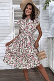 White Pink Floral A Line Pleated Midi Summer Dress with Ruffle Sleeves