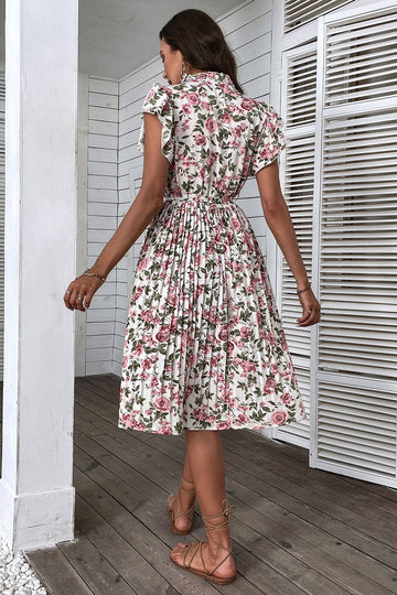 White Pink Floral A Line Pleated Midi Summer Dress with Ruffle Sleeves