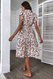 White Pink Floral A Line Pleated Midi Summer Dress with Ruffle Sleeves