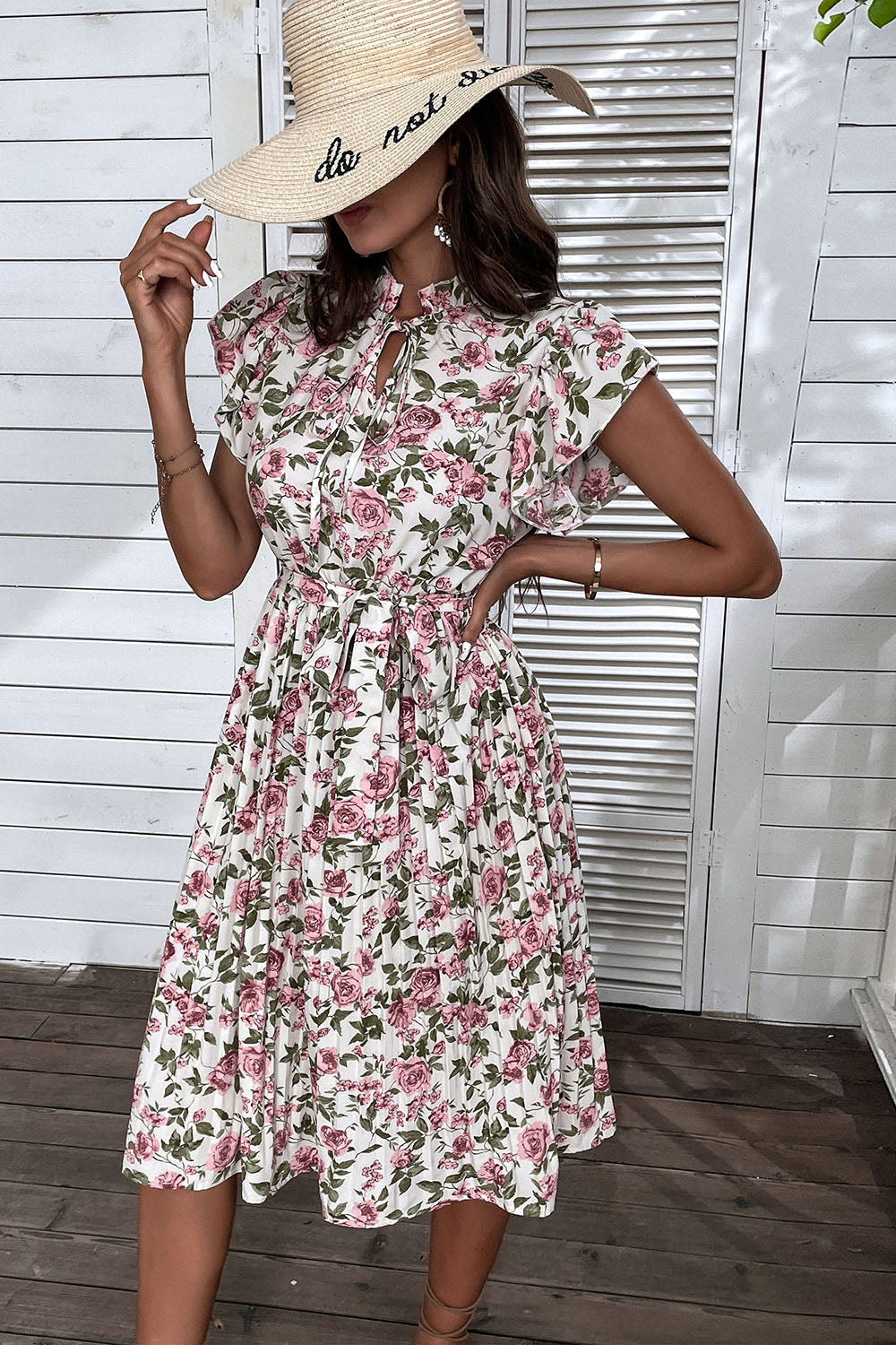 White Pink Floral A Line Pleated Midi Summer Dress with Ruffle Sleeves