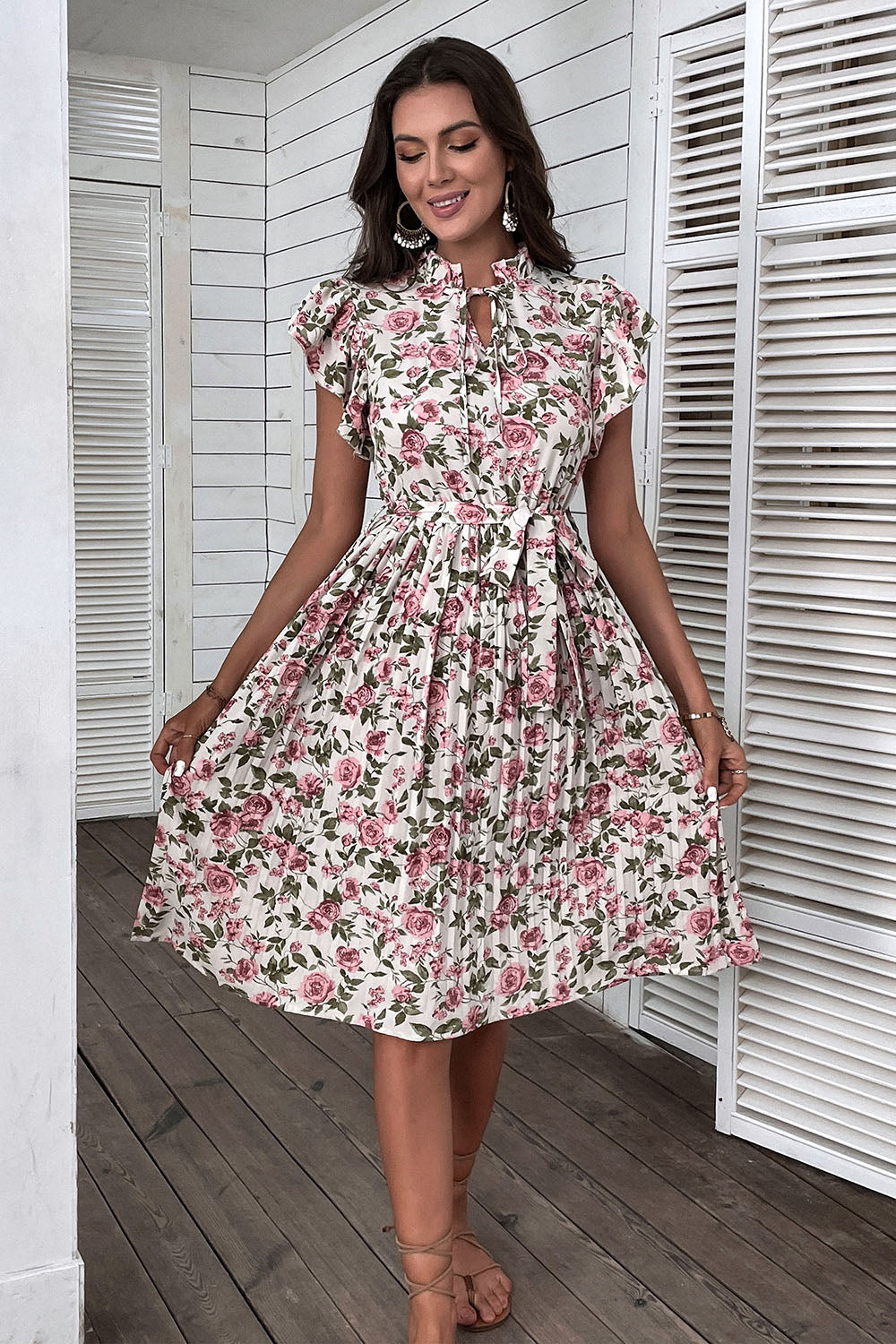 White Pink Floral A Line Pleated Midi Summer Dress with Ruffle Sleeves