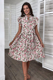 White Pink Floral A Line Pleated Midi Summer Dress with Ruffle Sleeves